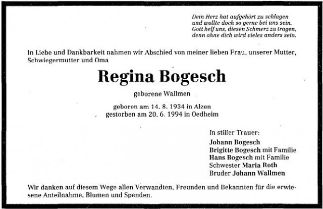 Wallmen Regina 1934-1994 Todesanzeige